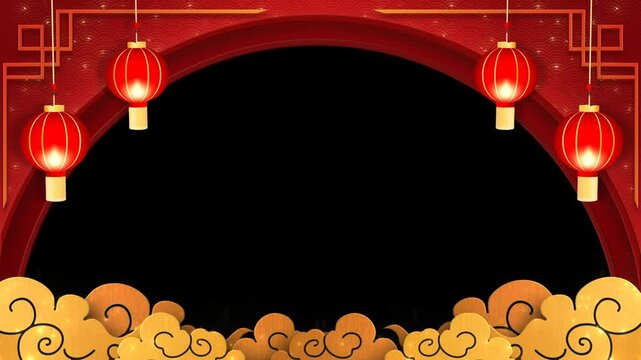 wide chinese oriental red frame background with alpha transparent background in the middle, lantern, gold clouds. suitable for editing 