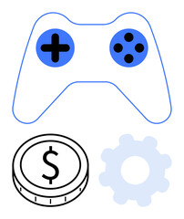 Game controller with dollar coin and settings gear symbolizing gaming, economy, technology development, customization. Ideal for gaming, e-commerce, tech concepts, marketing, investment apps