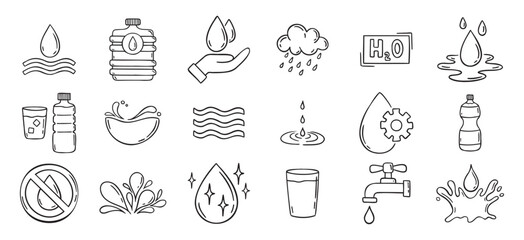 Water doodle hand drawn icons set. Water drawing sketch signs 