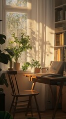Obraz premium Serene Home Office with Sunlight and Plants: A Cozy and Peaceful Workspace