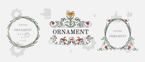 Collection of geometric vector floral frames. Round, oval, triangle, square Borders decorated with hand drawn delicate flowers, branches, leaves, blossom.