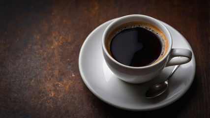 Fototapeta premium Black coffee in a white mug on a dark surface. Suitable for coffee shop promotions, branding, social media posts, and website headers