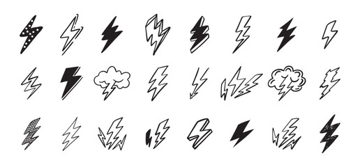 Doodle set lightning line art. Hand drawn lightning icons