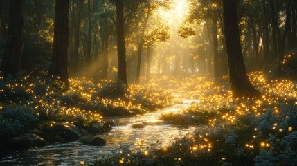 Obraz premium Serene Elven Forest with Glowing Flora and Towering Trees