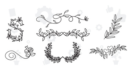 collection of hand-sketched elements - florals, calligraphic elements, arrows, ampersands and catchwords, bursting rays, wreaths and much more