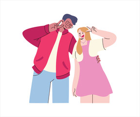 A Couple Taking a Photo Together with Peace Pose. Valentine Concept Illustrations