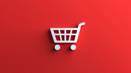 A white shopping cart is on a red background