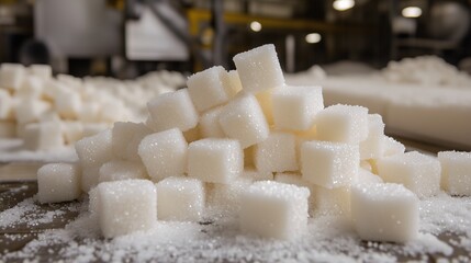 Pile of sugar cubes on a production line in a factory, showcasing food manufacturing processes.