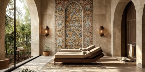 Mosaic wallpaper in intricate Middle Eastern tile designs for a luxurious spa
