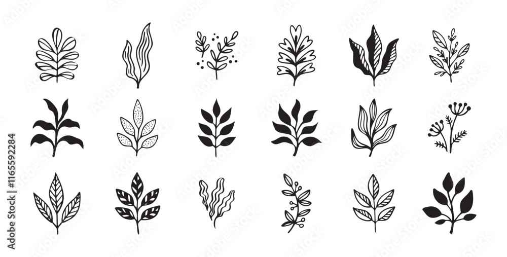 Wall mural Hand drawn outline doodle floral elements leaf set. Plant leaves vector design