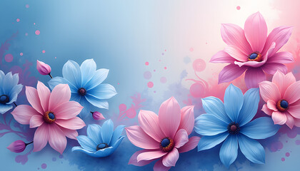 Artistic floral composition with vibrant pink and blue flowers on soft gradient background