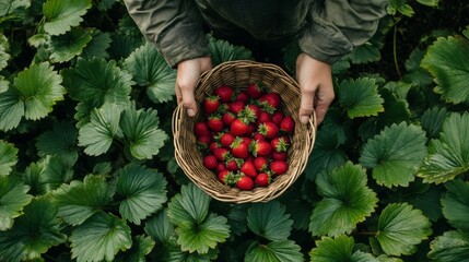 A person is holding a basket full of red strawberries