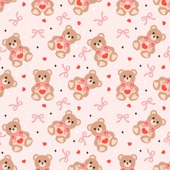 Valentine teddy bear and pink coquette bows seamless pattern