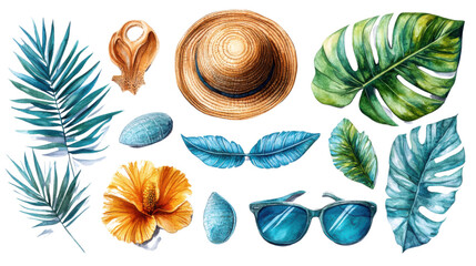 beach vacation accessories on white background