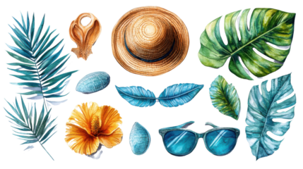 beach vacation accessories on white background