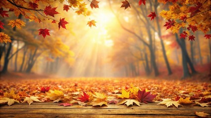 Autumnal Woodland Scene with Sunlit Path and Fallen Leaves on Wooden Surface