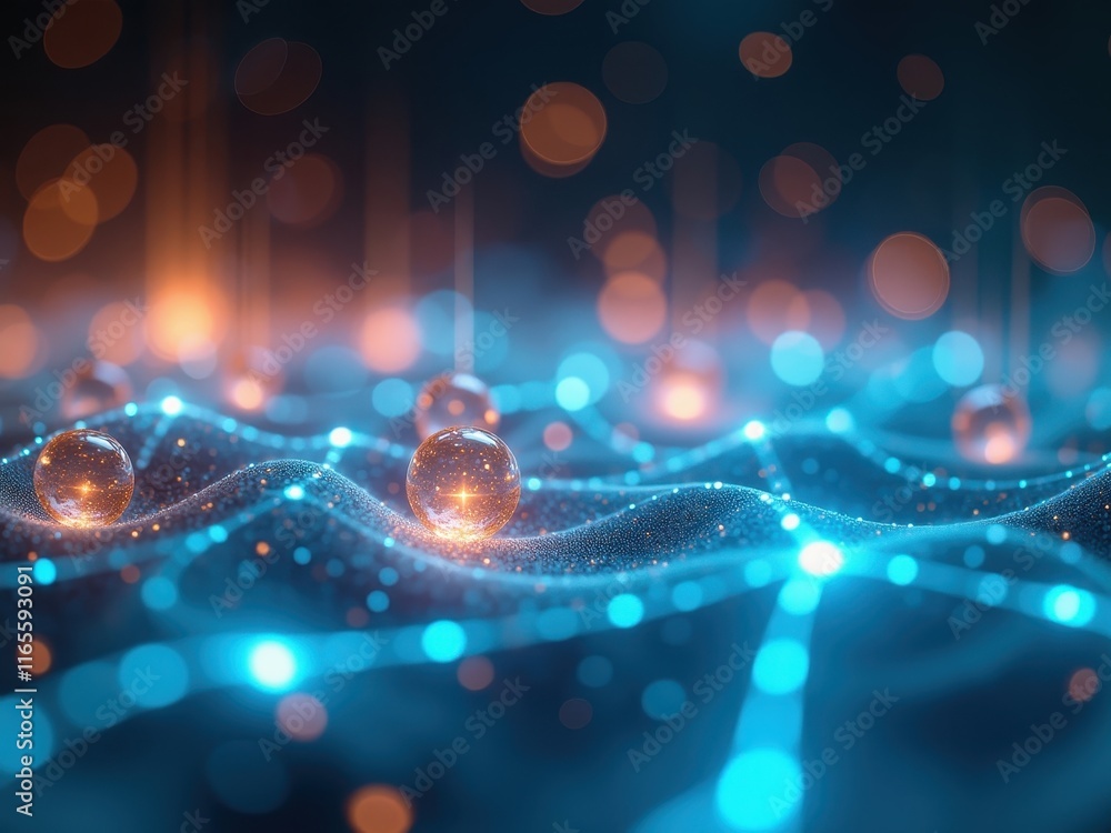 Aufkleber exploration of artificial intelligence concepts through vibrant wave patterns and glowing spheres in