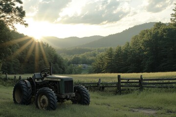 Fototapeta premium A tractor is parked in a field with a fence in the background