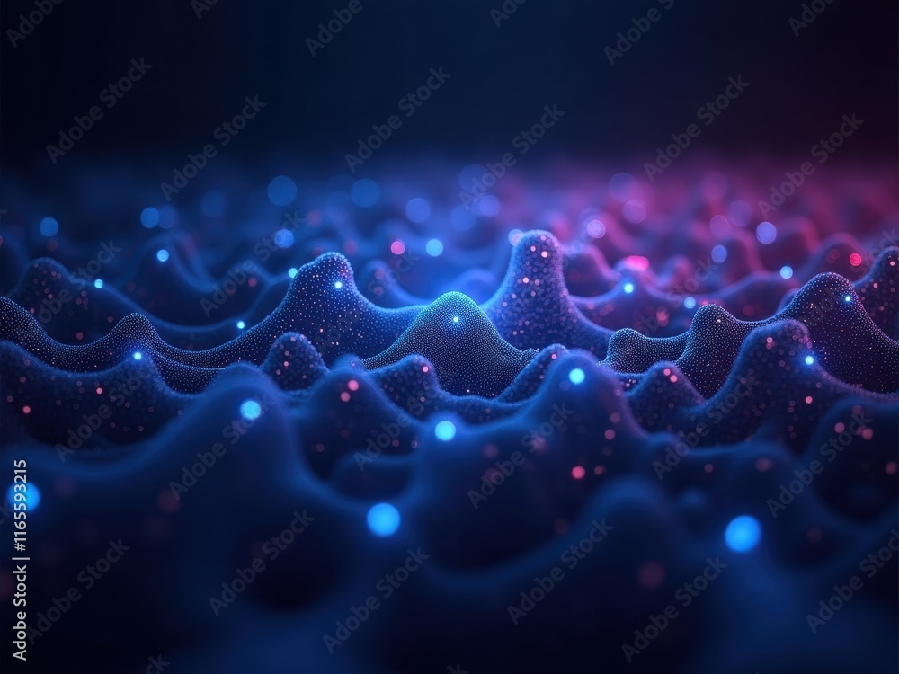 Poster visual representation of an abstract digital landscape with glowing peaks and valleys illuminated in