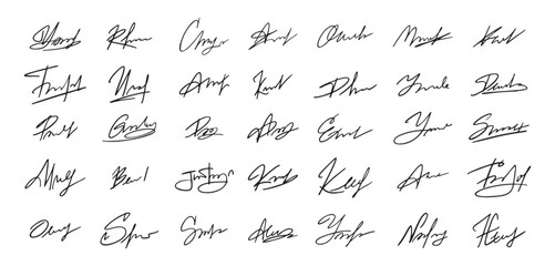 Signatures set. Fictitious handwritten signatures template for signing documents.