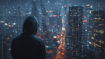 Hacker are planning to hack and attack networks and cyber security systems. Smart Innovation city with connection future wireless digital city and social media networking over the cityscape.