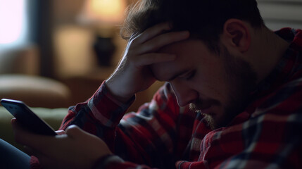 Person experiencing distress while holding head and staring at phone, reflecting modern challenges and emotional struggles in the digital age.