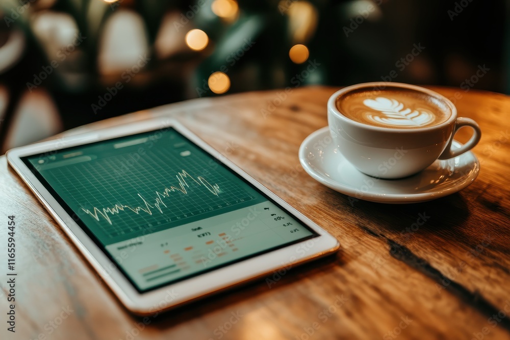 Poster elegant café setting with a graph displayed on a tablet beside a coffee cup in soft natural lighting