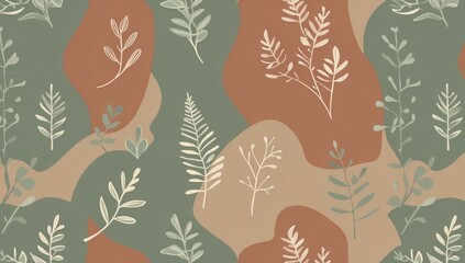Earthy tones and botanical motifs create a seamless pattern that evokes tranquility and connection to nature, perfect for various design projects