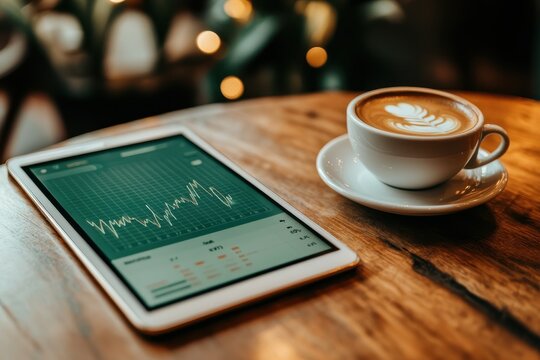 Elegant Café Setting with a Graph Displayed on a Tablet Beside a Coffee Cup in Soft Natural Lighting Creating a Relaxed Ambiance