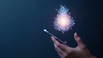 A hand holding a smartphone with a glowing digital network above.