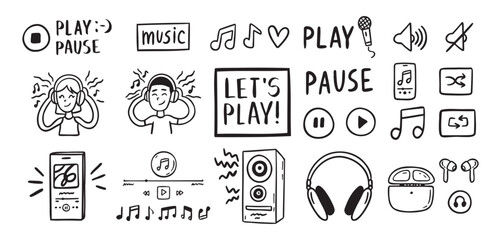 Audio music listening concept sound doodle hand drawn icon Set. Headphones interface buttons musical notes