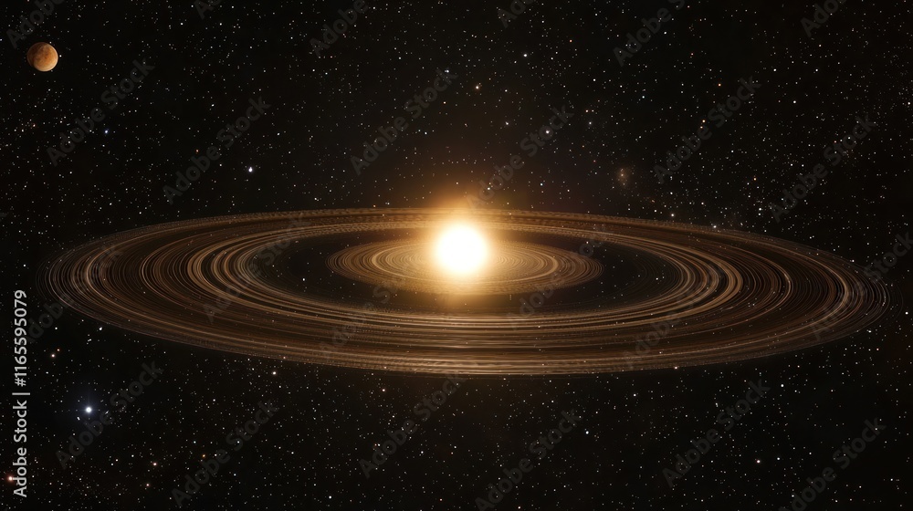 Poster celestial body with intricate ring system in space
