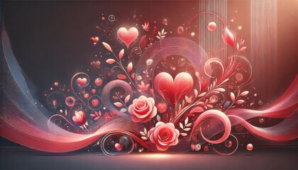Romantic image of abstract characters in love, glowing hearts, and fluid shapes, generated by AI.