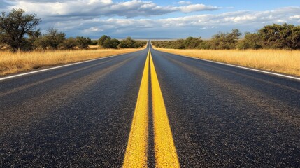 Fototapeta premium A long, empty road with yellow lines and a few trees in the background
