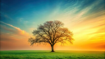 Obraz premium Serene Sunrise A solitary tree stands in a vibrant green field, silhouetted against a breathtaking sunrise sky with a blend of orange, yellow, and blue hues.