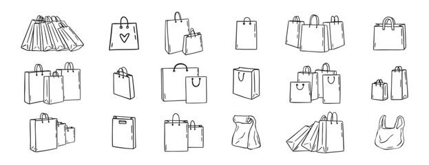 Shopping bags icons doodle hand drawn set. Paper shopping bags drawing line outline vector black Set 