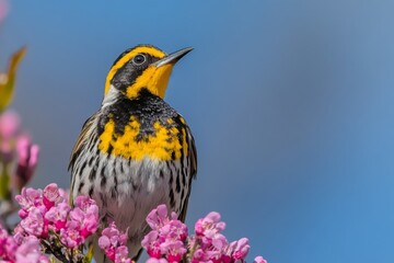 Obraz premium A yellow and black bird is perched on a pink flower