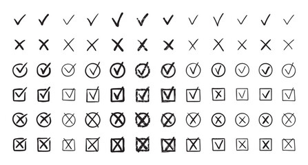 Check marks hand drawn doodle set. tick, cross signs for checkbox, checklist, v and x in sketch set. © Yanka