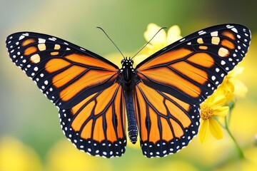 Fototapeta premium A large orange and black butterfly is flying over a yellow flower