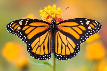 Fototapeta premium A large orange butterfly sits on a yellow flower