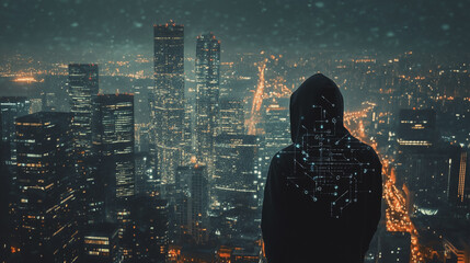 Hacker are planning to hack and attack networks and cyber security systems. Smart Innovation city with connection future wireless digital city and social media networking over the cityscape.