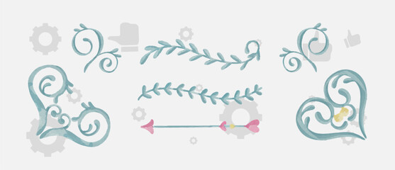 collection of hand-sketched elements - florals, calligraphic elements, arrows, ampersands and catchwords, bursting rays, wreaths and much more