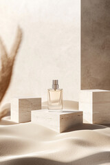 An Elegant perfume bottle displayed on stone-textured cubes, surrounded by soft, flowing sand and bathed in warm, natural light, creating a serene and luxurious atmosphere.