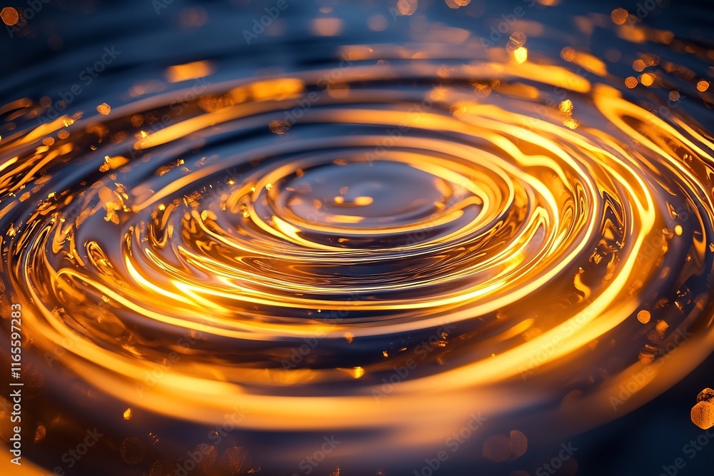 Poster mesmerizing circular ripple reflection in luminous golden liquid