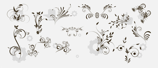 Hand drawn design elements collection. Floral frames, corners, dividers, calligraphic lines, borders, swirls. Illustration in vintage style