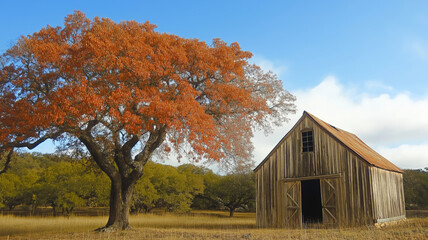 Autumn Scene with Barn and Orange Tree