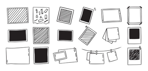 Vintage photo frames hand drawn doodle hanging on a clips icons set. Picture outline drawing template 