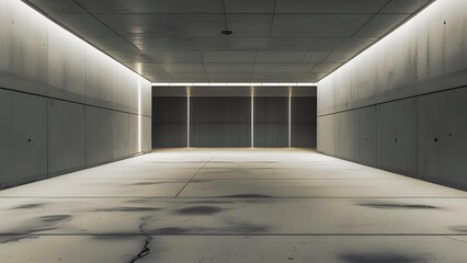 Futuristic Empty Garage Room Highlighting Smooth Gray Walls, Raw Concrete Finishes, and a Minimalistic Design for a Grungy and Industrial Feel