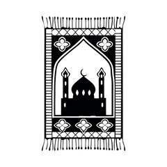 Elegant Mosque Silhouette and Prayer Rug Design in Black-and-White Islamic Art