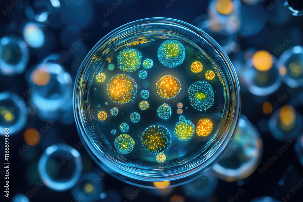 Poster microscopic view of vibrant, glowing cells in a petri dish, showcasing cellular structures and scien